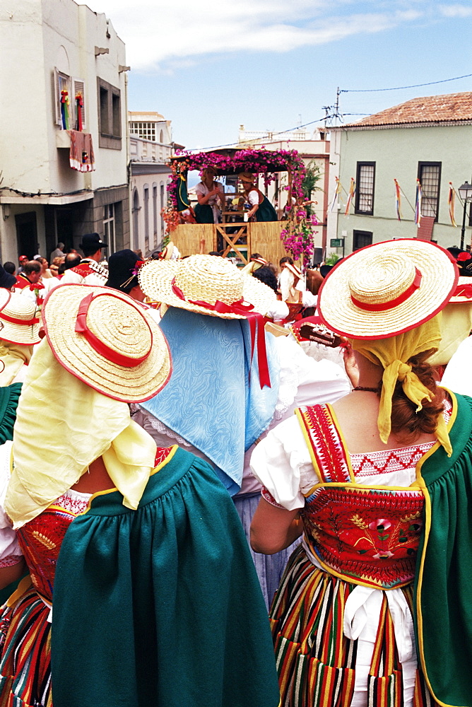 People wearing traditional dress during Corpus Christi celebration, La Orotava, Tenerife, Canary Islands, Spain, Atlantic, Europe