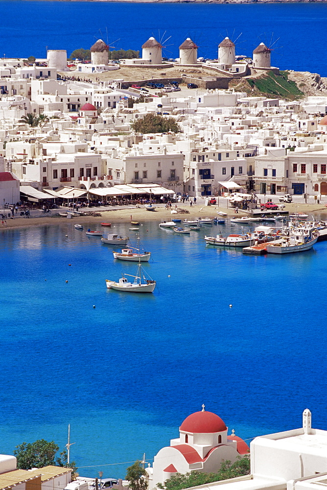 Aerial view of Mykonos, Hora and harbour, Cyclades, Greek Islands, Greece, Mediterranean, Europe