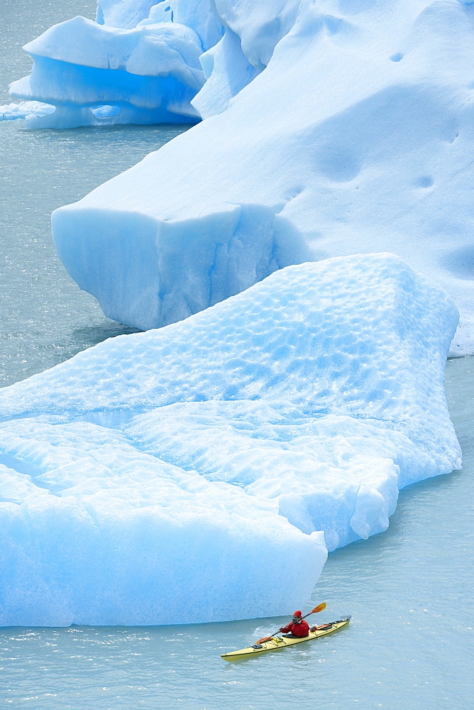 Person kayaking between icebergs, Lago Gray (Lake Gray) (Lake Grey), Torres del Paine National Park, Patagonia, Chile, South America