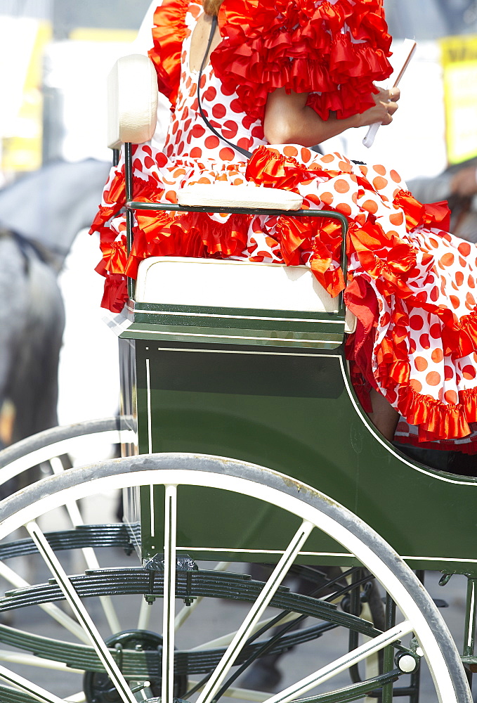 Traditional Spanish dress detail and horse carriage, during celebration of La Feria de Malaga (Malaga Festival), Malaga, Andalucia (Andalusia), Spain, Europe