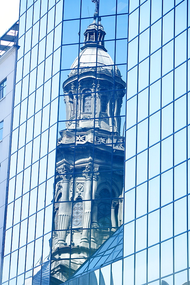 Reflection of the Metropolitan Cathedral in a modern building downtown, Plaza de Armas, Santiago de Chile, Chile, South America