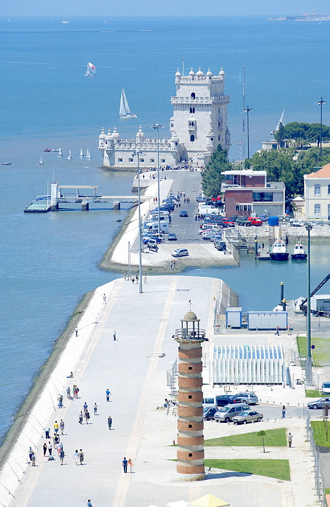 Aerial view of Belem Tower, UNESCO World Heritage Site, Belem, Lisbon, Portugal, Europe