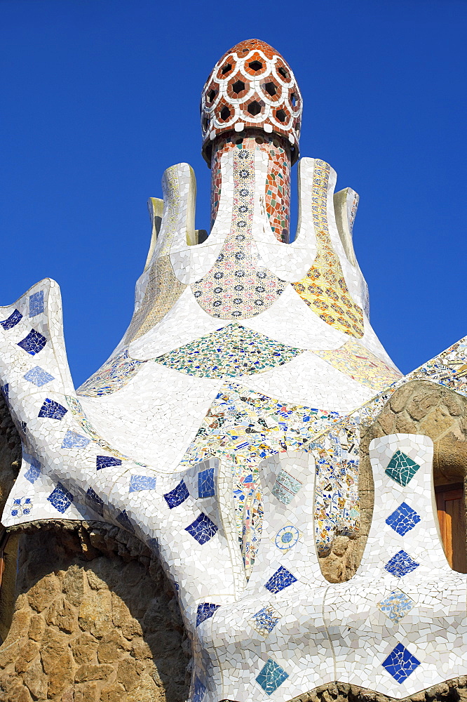 Bizarre Gaudi's mosaics roof, Guell Park (Parc Guell), Barcelona, Catalonia (Cataluna), Spain, Europe