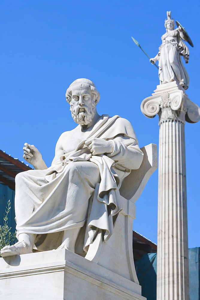 Statues of Socrates and Athena outside Academy of Athens, Athens, Greece, Europe