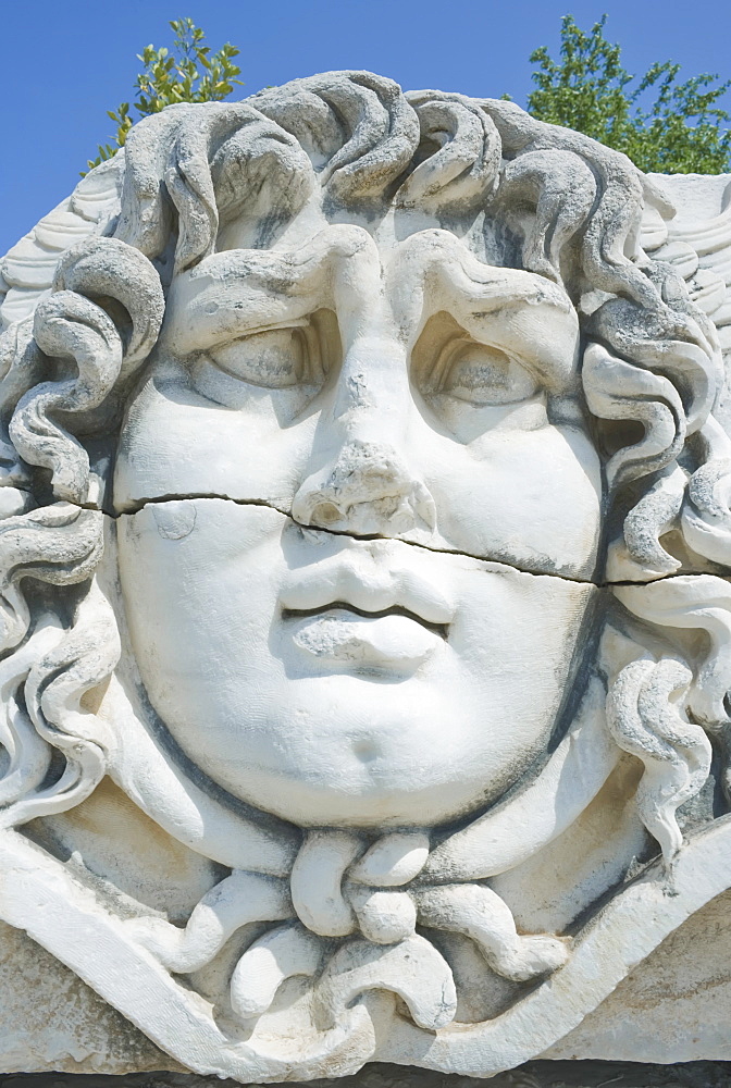 Close-up of Medusa head, Temple of Apollo, Didyma, Anatolia, Turkey, Asia Minor, Eurasia