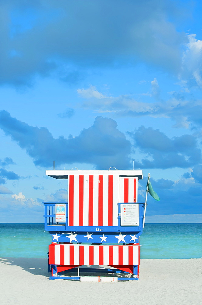 Lifeguard hut on beach, South Beach, Miami, Florida, United States of America, North America