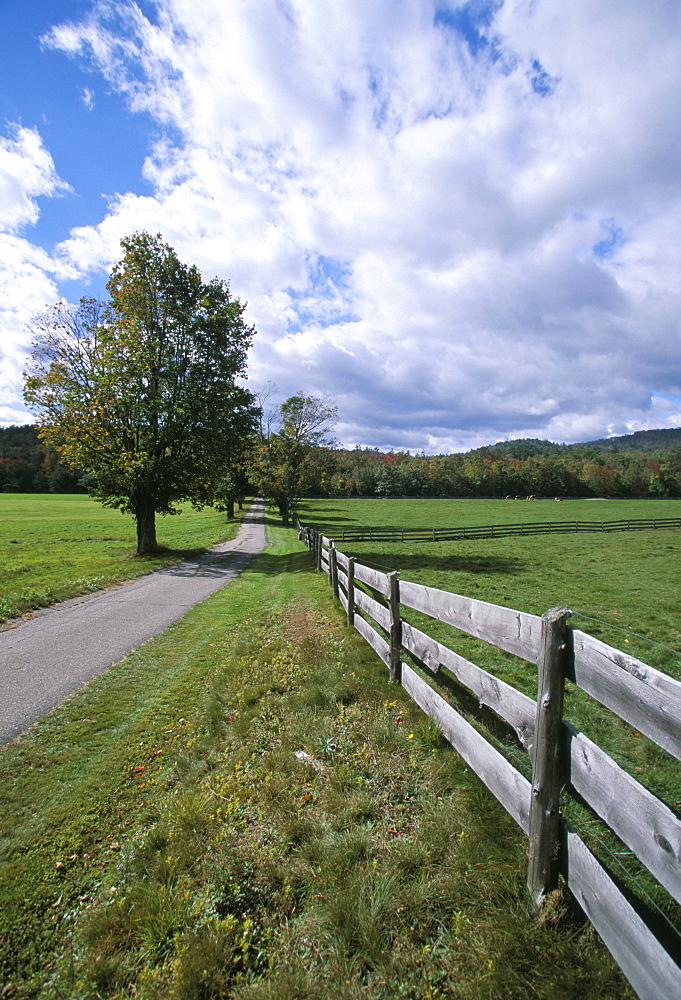 Fence and country road, Holderness, New Hampshire, New England, United States of America, North America