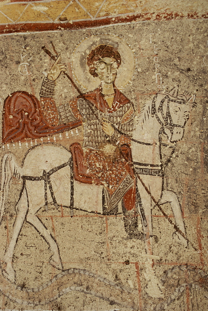 Close-up of wall painting (fresco) of St. George, St. Barbara Church, Goreme Open Air Museum, Goreme, UNESCO World Heritage Site, Cappadocia, Anatolia, Turkey, Asia Minor, Asia