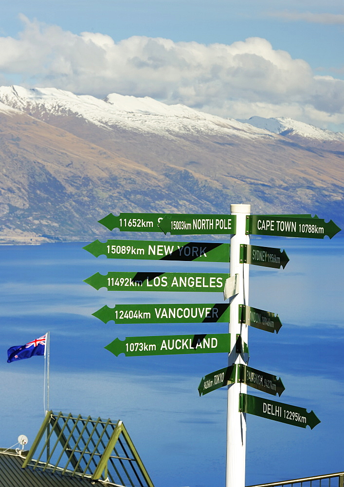 All directions sign post, Queenstown, Otago, South Island, New Zealand, Pacific