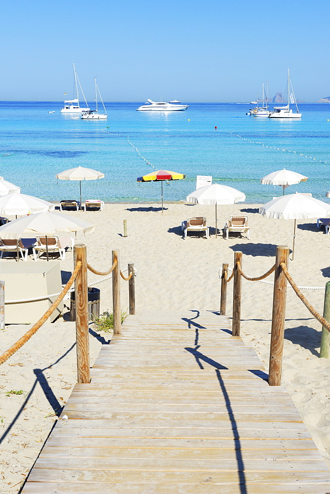 Wooden bridge leading to Ses Illetes beach, Formentera, Balearic Islands, Spain, Mediterranean, Europe 