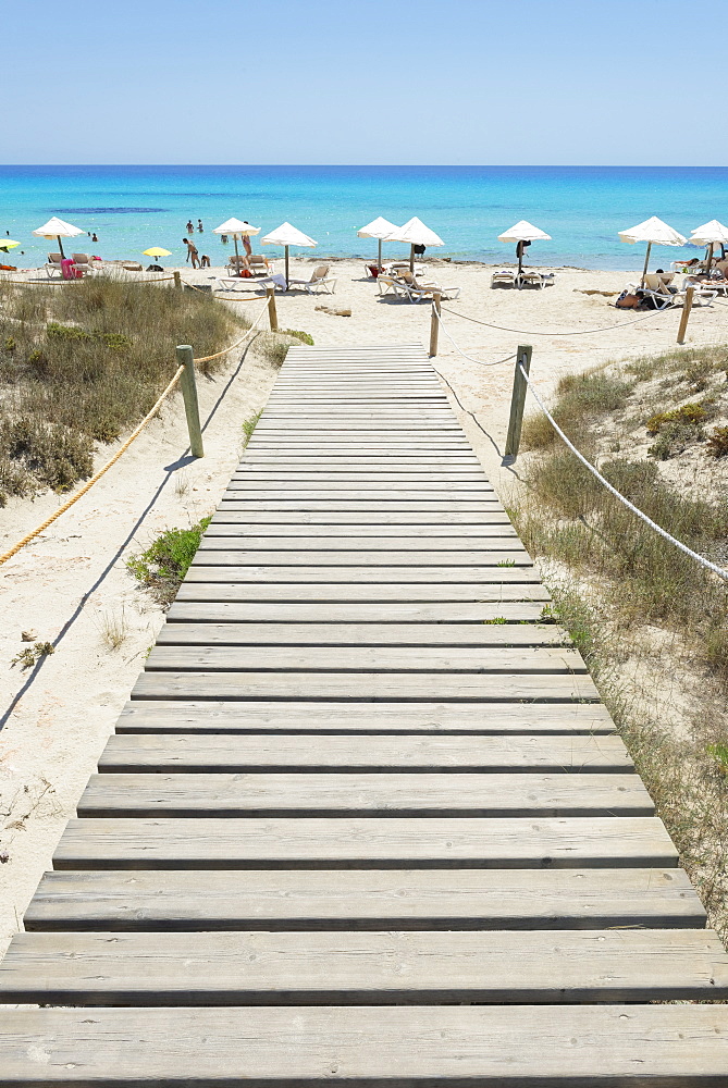 Wooden bridge leading to Mitjorn beach, Formentera, Balearic Islands, Spain, Mediterranean, Europe 