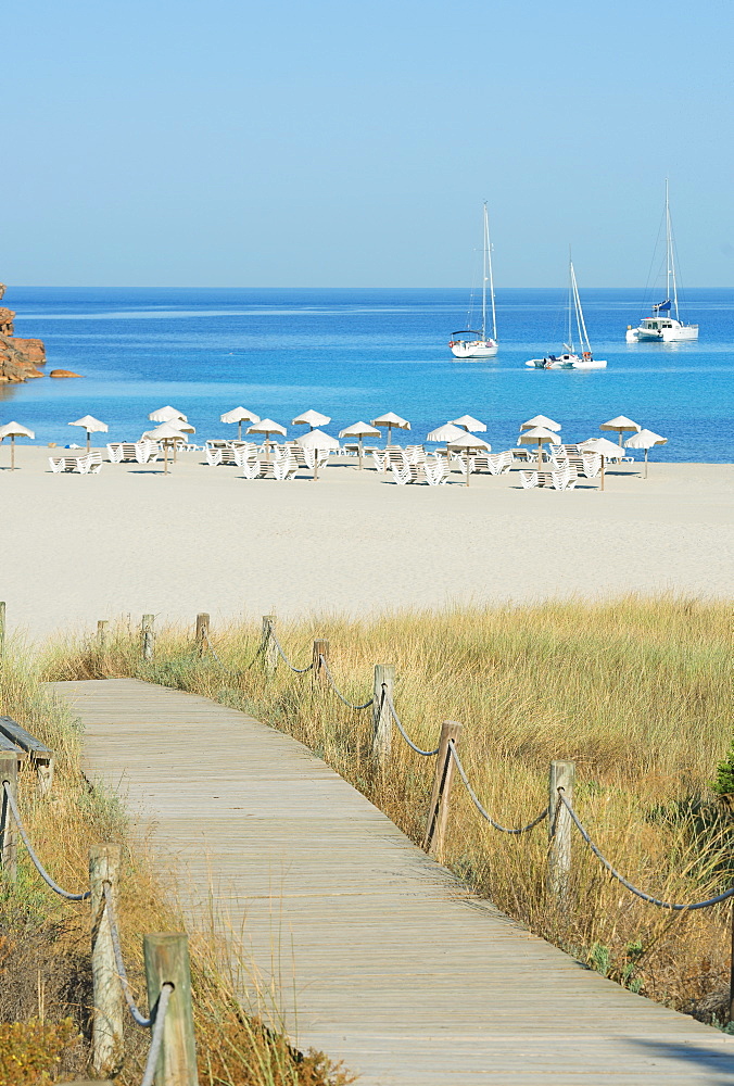 Wooden bridge leading to Cala Saona, Formentera, Balearic Islands, Spain, Mediterranean, Europe 