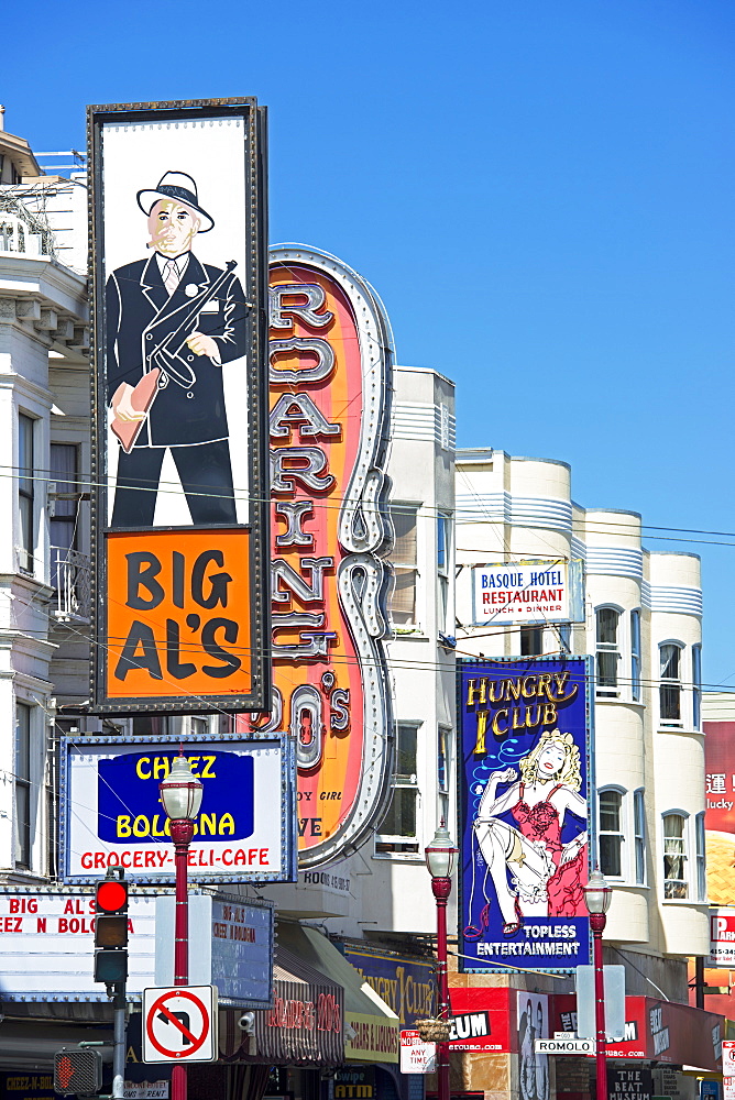 Clubs signs on buildings in North Beach district, San Francisco, California, United States of America, North America