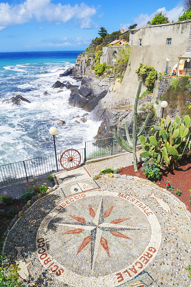 Stone mosaic of the winds the Mediterranean in village of Bogliasco, Bogliasco, Liguria, Italy, Europe