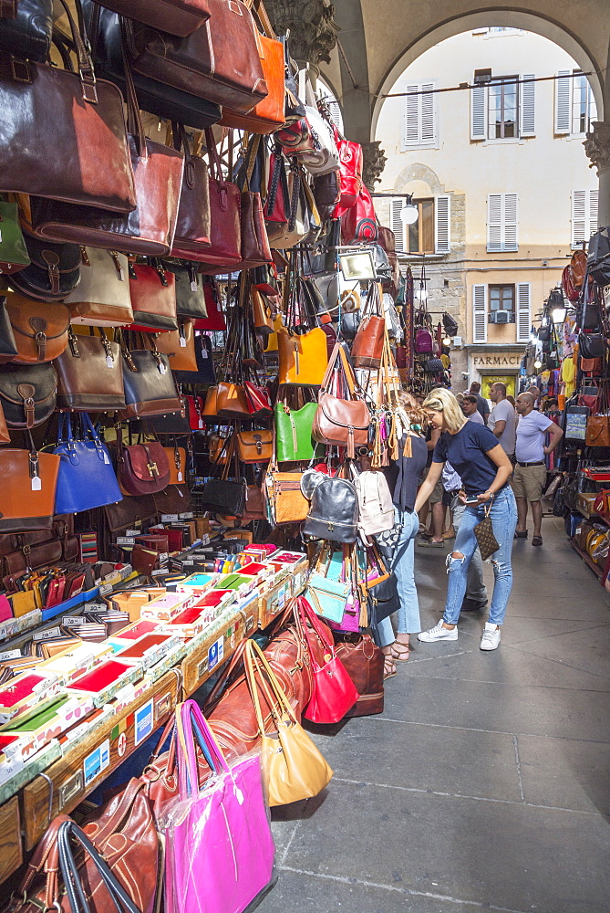 Handbag stall at Mercato Nuovo market in Florence, Tuscany, Italy, Europe