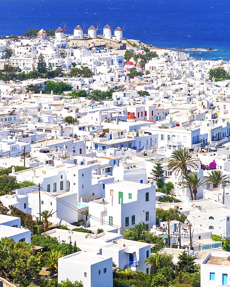 Mykonos Town and old harbour, elevated view, Mykonos, Cyclades Islands, Greek Islands, Greece, Europe