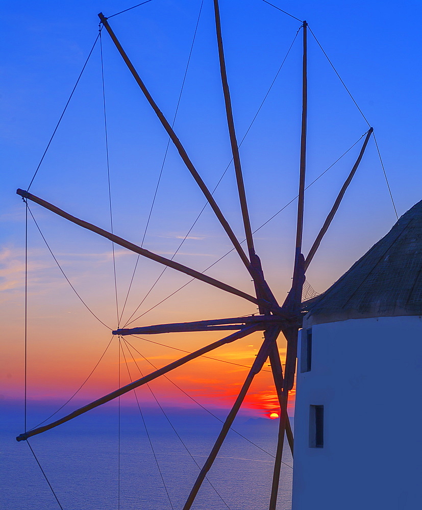 Windmill at sunset, Oia, Santorini, Cyclades Islands, Greek Islands, Greece, Europe