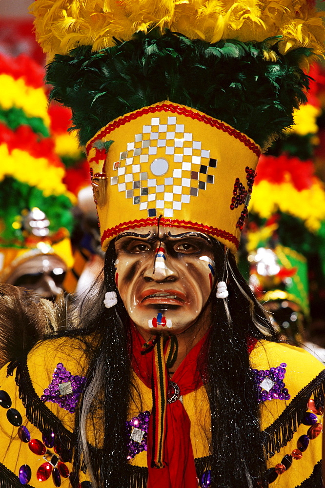 Portrait of a Tobas warrior, the Devil dance (La Diablada), carnival, Oruro, Bolivia, South America