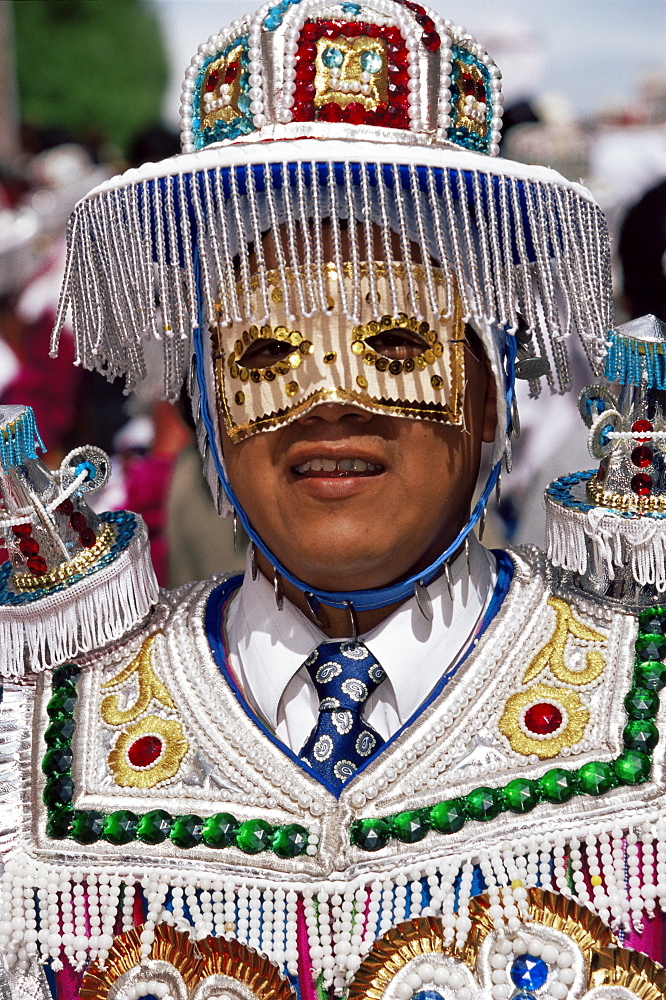 Man dressed up for carnival, Virgen de la Candelaria fiesta, Copacabana, Lake Titicaca, Bolivia, South America