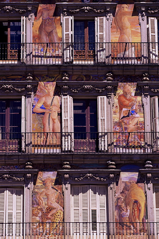 Frescoes at the Plaza Mayor on buildings of the 17th century, Madrid, Spain, Europe