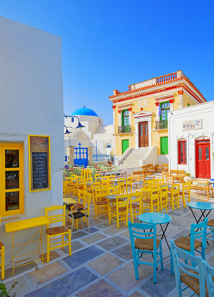 View of the colourful upper Chora central square, Chora, Serifos Island, Cyclades, Greek Islands, Greece, Europe