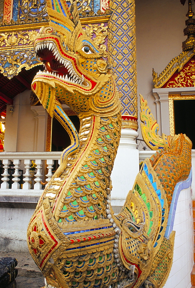 Naga (sacred snake), on chapel's front porch, Wat Chedi Luang, Chiang Mai, Thailand, Southeast Asia, Asia