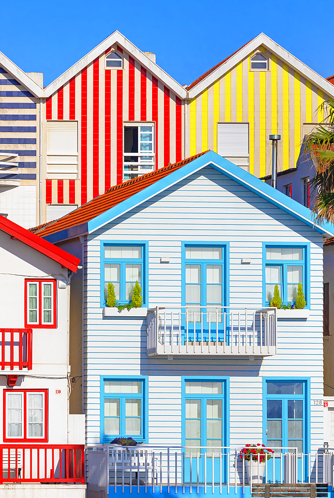 Traditional wooden striped houses, Costa Nova do Prado, Aveiro, Portugal, Europe