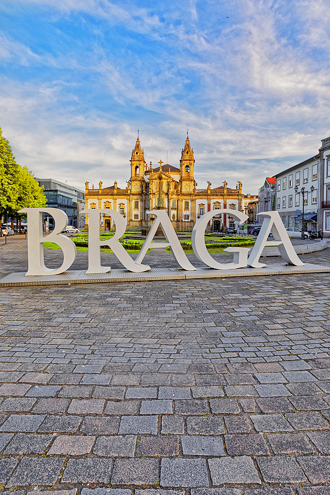 Carlos Amarante square with 18th century Sao Marcos Church in the background, Braga, Minho Province, Portugal