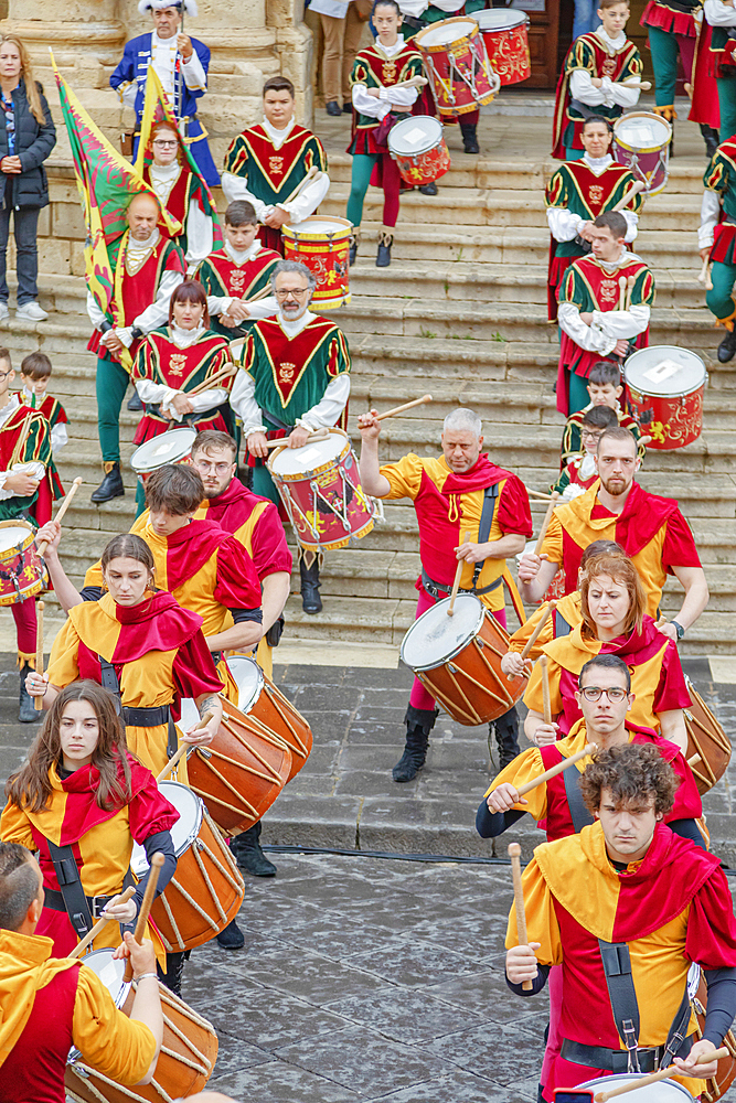 Participants wearing historical costumes on parade, Noto, Noto Valley, Sicily, Italy