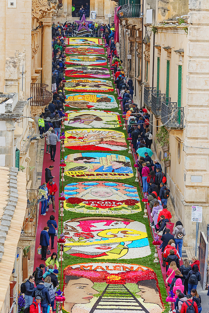 Decorations made with flowers, Noto Flower Festival, Noto, Noto Valley, Sicily, Italy