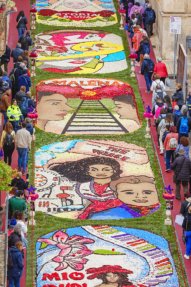 Decorations made with flowers, Noto Flower Festival, Noto, Noto Valley, Sicily, Italy