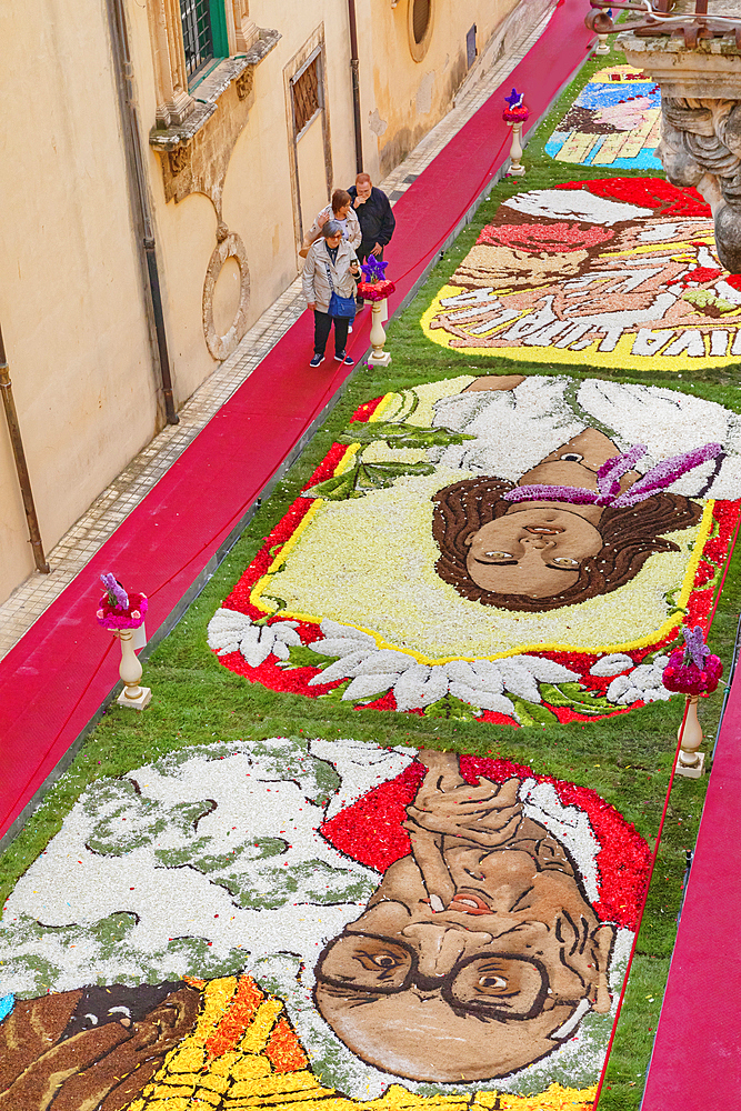 Decorations made with flowers, Noto Flower Festival, Noto, Noto Valley, Sicily, Italy