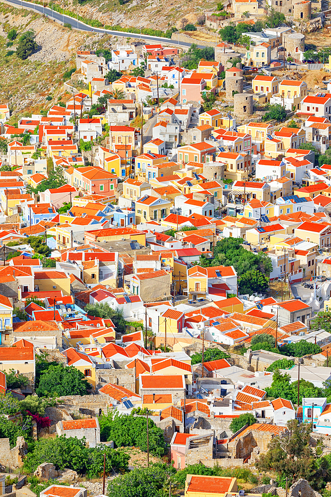 Chorio (upper town), high angle view, Chorio, Symi Island, Dodecanese Islands, Greece