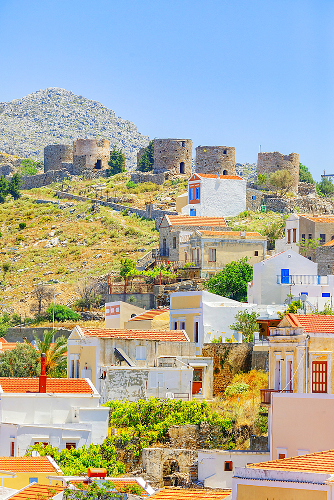 View of Chorio (upper town), Chorio, Symi Island, Dodecanese Islands, Greece