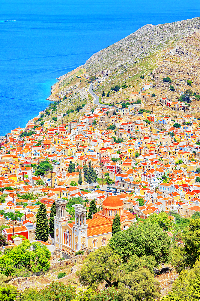 Chorio (upper town), high angle view, Chorio, Symi Island, Dodecanese Islands, Greece