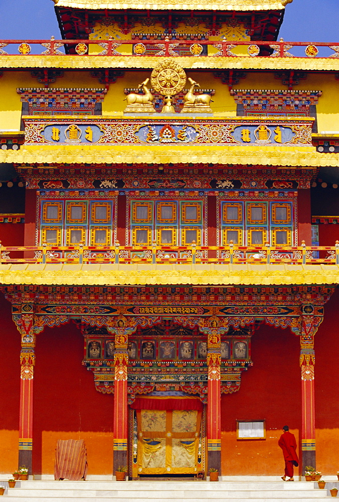 Buddhist monks walking into a monastery, Bodhnath, Katmandu, Nepal