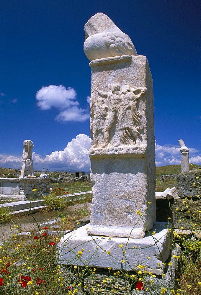 Phallic monument at House of Dionisos, archaeological site of Delos, UNESCO World Heritage Site, Cyclades islands, Greece, Mediterranean, Europe