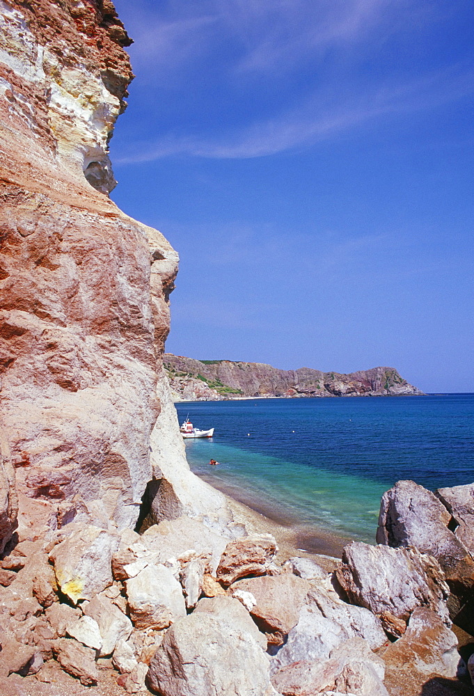 Volcanic rocks and beach at Paleokori, southern coast, Milos, Cyclades islands, Greece, Mediterranean, Europe