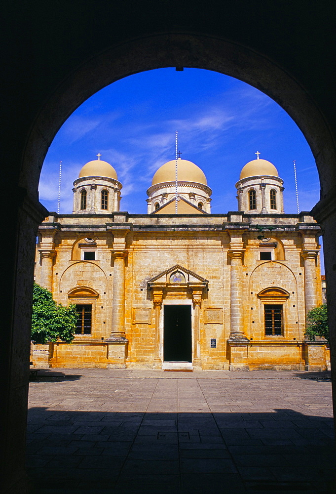 Facade of the 17th century Venetian built Christian monastery of Mono Agias Triada, Akrotiri peninsula, island of Crete, Greece, Mediterranean, Europe