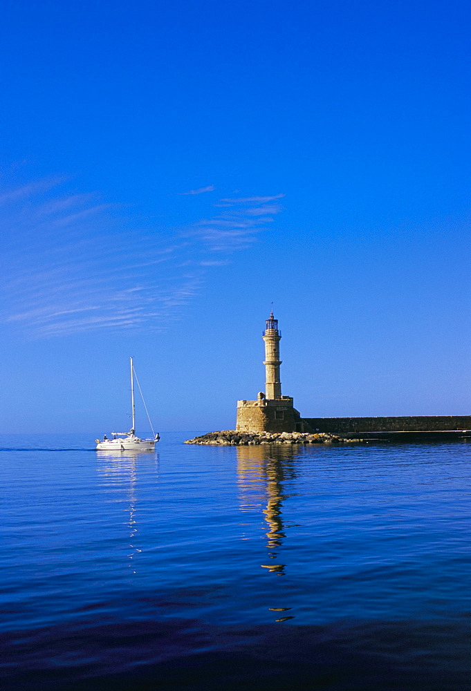 Hania (Chania) harbour and lighthouse, island of Crete, Greece, Mediterranean, Europe