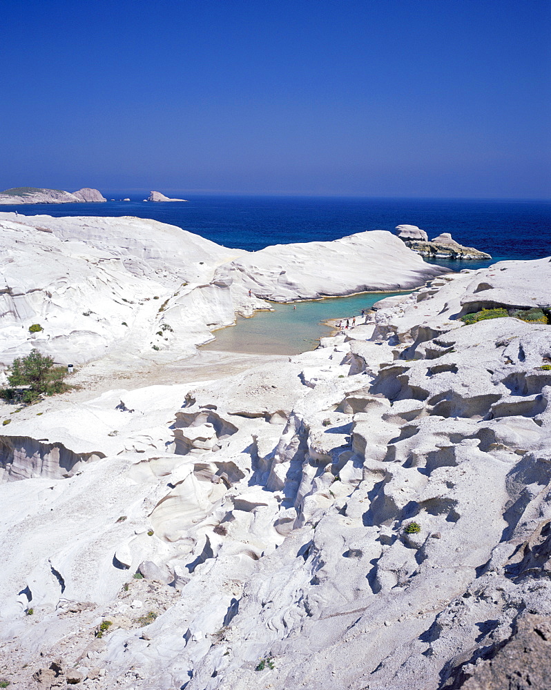 Aerial view of beach and rock formations, Sarakiniko, Milos, Cyclades Islands, Greek Islands, Greece, Europe