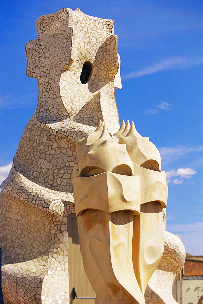 The bizarre chimneys of Gaudi's Casa Mila, La Pedrera, Barcelona, Catalonia (Catalunya) (Cataluna), Spain, Europe