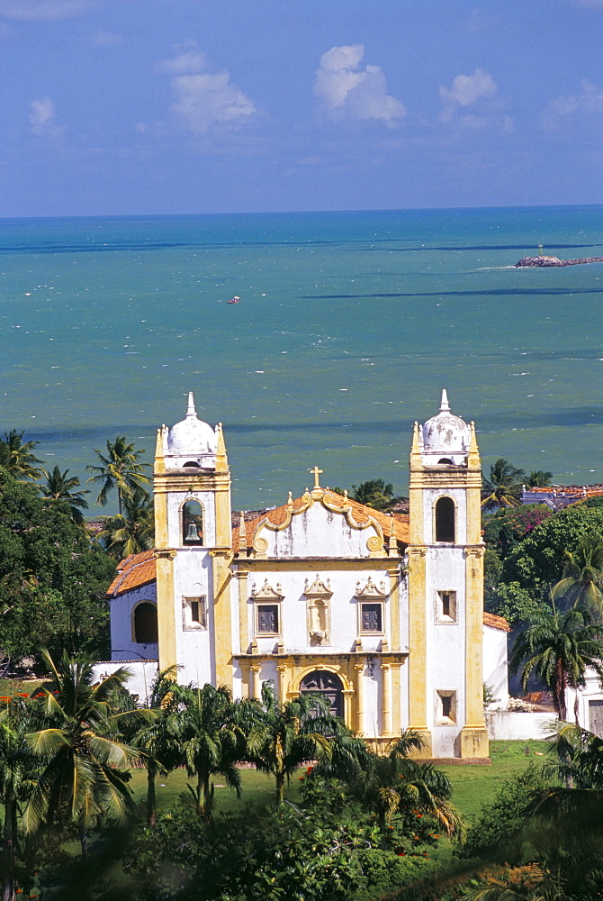 Elevated view of Igreja NS do Carmo and sea beyond, Olinda, Pernambuco, Brazil, South America