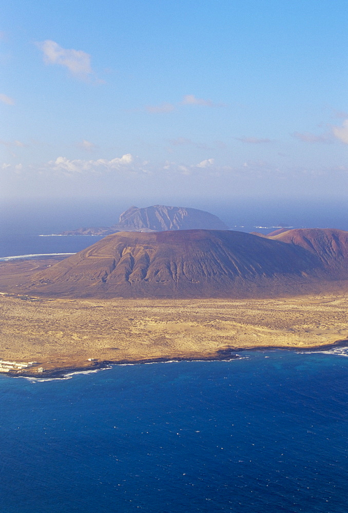 Aerial view of La Graciosa Island volcanoes from El Mirador del Rio, Lanzarote, Canary Islands, Spain, Atlantic, Europe