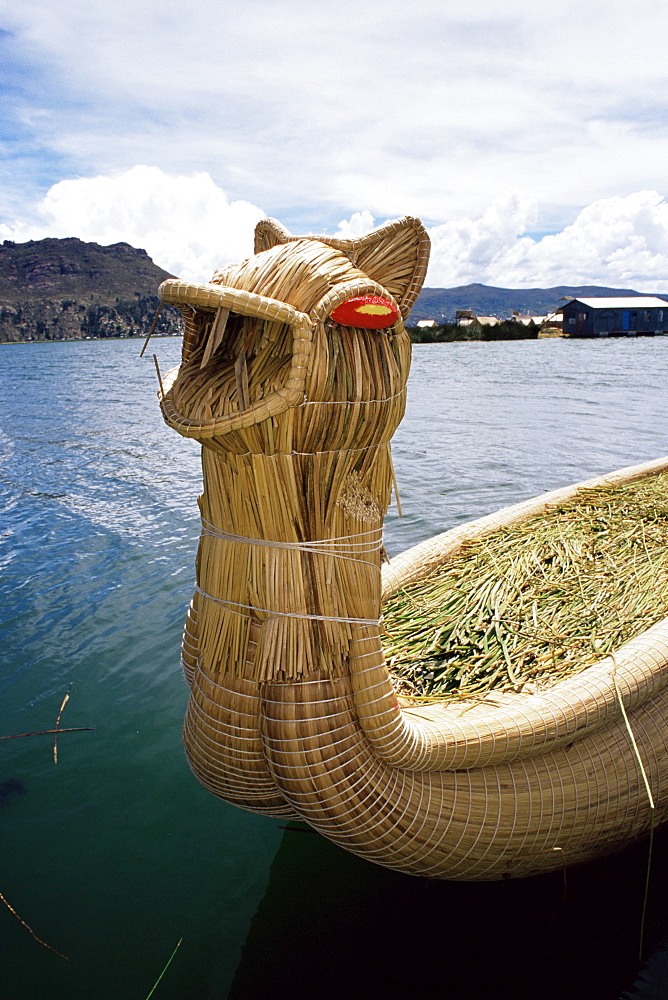 Typical reed boat made by Uros people, Floating Islands, Lake Titicaca, Peru, South America