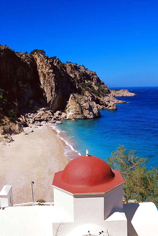 Orthodox church and Kira Panagia beach, Kira Panagia, island of Karpathos, Dodecanese, Greek Islands, Greece, Europe