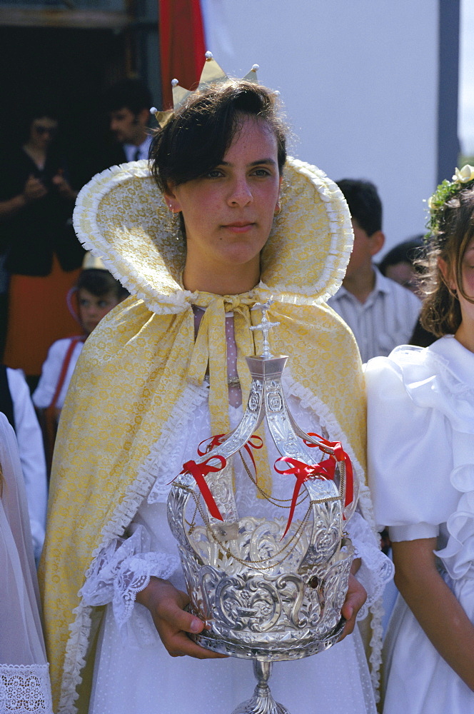 Portrait of a young woman, Saint Esprit festival, Cedros, Faial island, Azores, Portugal, Europe, Atlantic Ocean