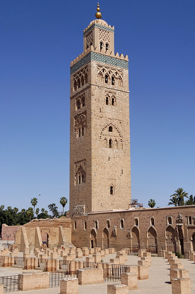 The Koutoubia minaret in the heart of the old medina next to a mosque of the same name, built in the 12th century, Marrakesh, Morocco, North Africa, Africa