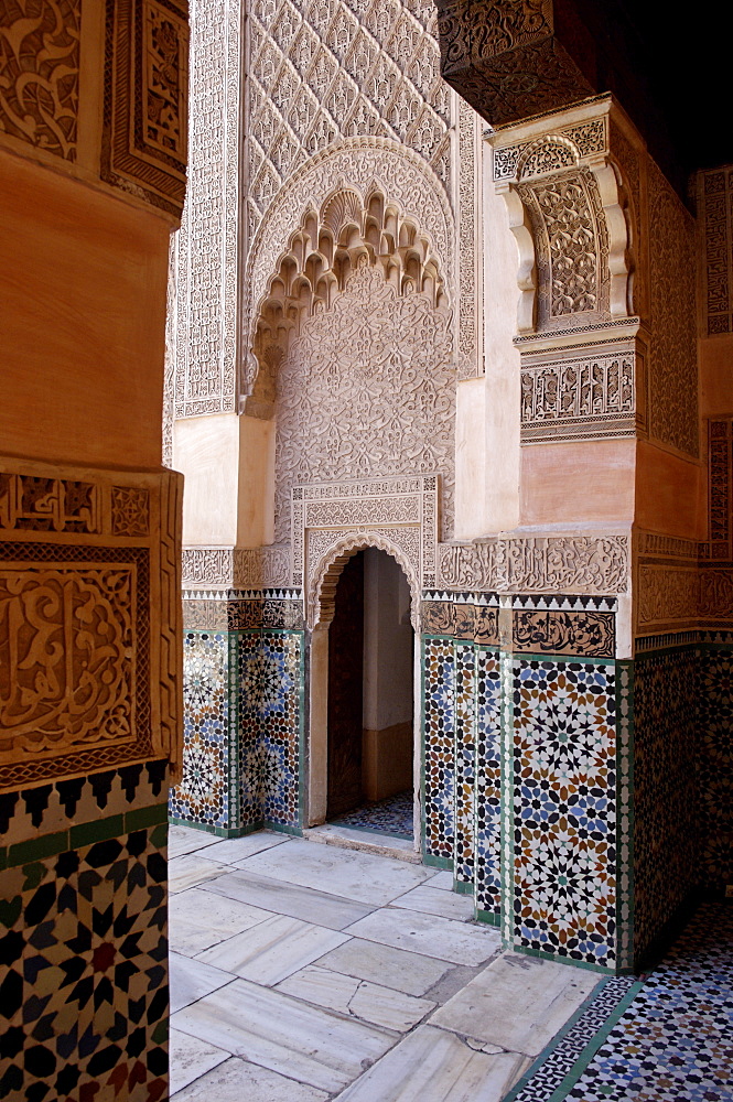 The Medersa Ben Youssef, the largest in Morocco, built by the Almoravide dynasty and then rebuilt in the 19th century, richly decorated in marble, carved wood and plasterwork, Medina, Marrakesh, Morroco, North Africa, Africa