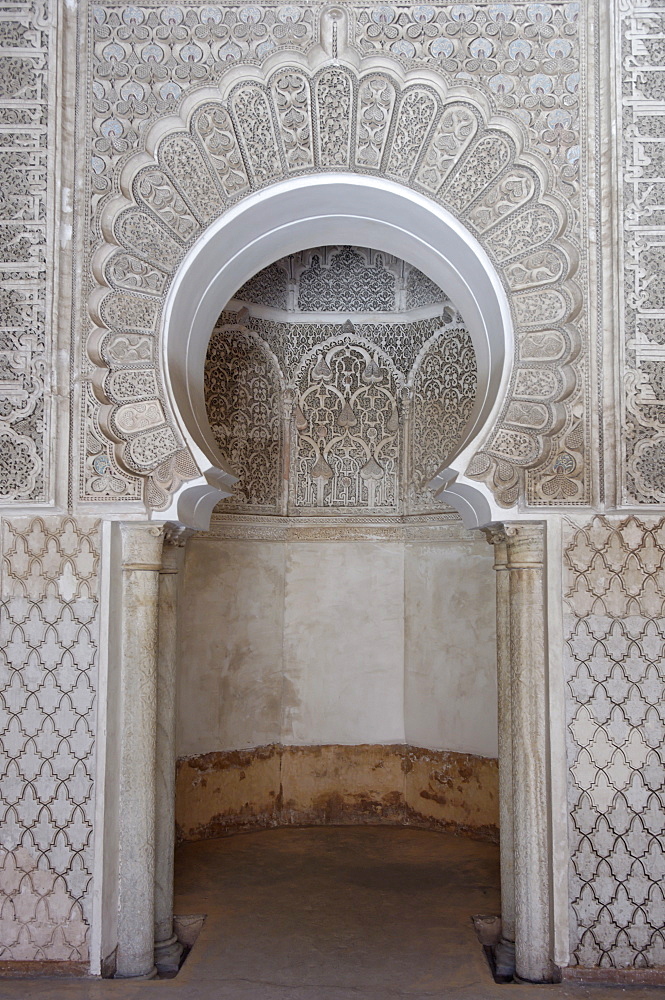 The Medersa Ben Youssef, the largest in Morocco, built by the Almoravide dynasty and then rebuilt in the 19th century, richly decorated in marble, carved wood and plasterwork, Medina, Marrakesh, Morroco, North Africa, Africa